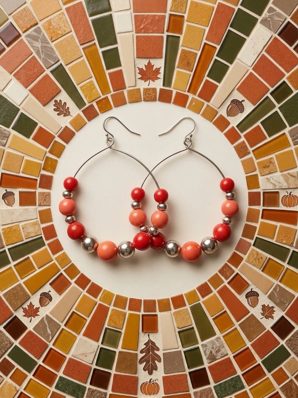 Orange & Gold Tone Beaded Hoop Earrings 2.5”
